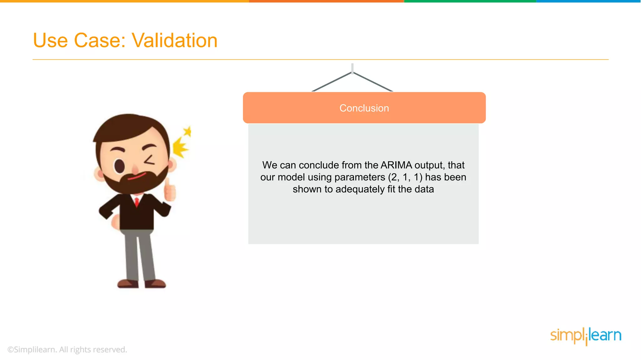 Use Case: Validation
Conclusion
We can conclude from the ARIMA output, that
our model using parameters (2, 1, 1) has been
shown to adequately fit the data
 