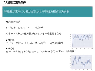 AR過程の定常条件
AR過程が定常になるかどうかはAR特性方程式で決まる
12
AR特性方程式
1 − φ1 Z− φ2 Z2+・・・ − φ 𝑝Zp = 0
のすべての解Zの絶対値が1より大きい時定常となる
● AR 1
𝑦𝑡 = 𝑐 + 0.8𝑦𝑡−1 + ε 𝑡 , ε 𝑡~ 𝑊. 𝑁. σ2 → Z=1.25 定常
● AR 2
𝑦𝑡 = 𝑐 + 0.5𝑦𝑡−1 + 0.5𝑦𝑡−2 + ε 𝑡 , ε 𝑡~ 𝑊. 𝑁. σ2
→ Z= -2,1 非定常
 