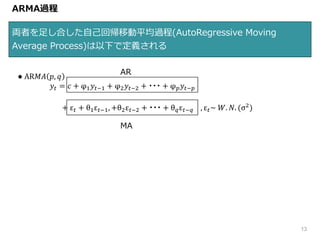 両者を足し合した自己回帰移動平均過程(AutoRegressive Moving
Average Process)は以下で定義される
13
ARMA過程
● AR𝑀𝐴 𝑝, 𝑞
𝑦𝑡 = 𝑐 + φ1 𝑦𝑡−1 + φ2 𝑦𝑡−2 + ・・・ + φ 𝑝 𝑦𝑡−𝑝
+ ε 𝑡 + θ1ε 𝑡−1, +θ2ε 𝑡−2 + ・・・ + θ 𝑞ε 𝑡−𝑞 , ε 𝑡~ 𝑊. 𝑁. (σ2
)
AR
MA
 