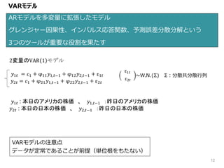ARモデルを多変量に拡張したモデル
グレンジャー因果性、インパルス応答関数、予測誤差分散分解という
3つのツールが重要な役割を果たす
12
VARモデル
2変量のVAR 1 モデル
𝑦1𝑡 = 𝑐1 + φ11 𝑦1,𝑡−1 + φ12 𝑦2,𝑡−1 + ε1𝑡
𝑦2𝑡 = 𝑐1 + φ21 𝑦1,𝑡−1 + φ22 𝑦2,𝑡−1 + ε2𝑡
𝑦1𝑡 : 本日のアメリカの株価 、 𝑦1,𝑡−1 ：昨日のアメリカの株価
𝑦2𝑡 : 本日の日本の株価 、 𝑦2,𝑡−1 ：昨日の日本の株価
ε1𝑡
ε2𝑡
~W.N.(Σ) Σ：分散共分散行列
VARモデルの注意点
データが定常であることが前提（単位根をもたない）
 