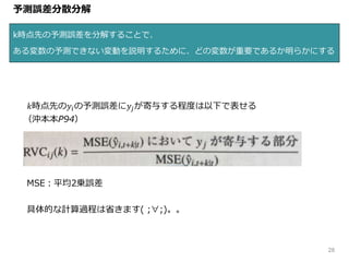 k時点先の予測誤差を分解することで、
ある変数の予測できない変動を説明するために、どの変数が重要であるか明らかにする
28
予測誤差分散分解
𝑘時点先の𝑦𝑖の予測誤差に𝑦𝑗が寄与する程度は以下で表せる
（沖本本P94）
MSE：平均2乗誤差
具体的な計算過程は省きます( ;∀;)。。
 
