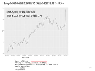 31
Sonyの株価の終値を説明する”黄金の変数”を見つけたい
終値の原系列は単位根過程
であることをADF検定で確認した
 