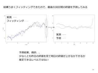 36
結構うまくフィッティングできたので、最後の30日間の終値を予測してみる
?
実測
予測
予測結果、微妙、、
少なくとも昨日の終値を見て明日の終値が上がるか下がるか
推定できるレベルではない
実測
フィッティング
 