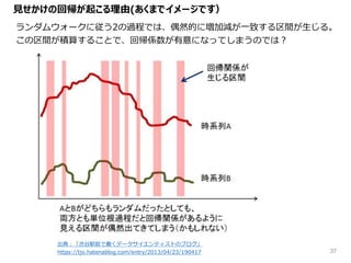 見せかけの回帰が起こる理由(あくまでイメージです）
37
出典：「渋谷駅前で働くデータサイエンティストのブログ」
https://tjo.hatenablog.com/entry/2013/04/23/190417
ランダムウォークに従う2の過程では、偶然的に増加減が一致する区間が生じる。
この区間が積算することで、回帰係数が有意になってしまうのでは？
 