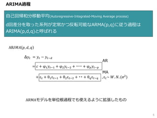 ARIMA過程
自己回帰和分移動平均(Autoregressive-Integrated-Moving Average process)
d回差分を取った系列が定常かつ反転可能なARMA(p,q)に従う過程は
ARIMA(p,d,q)と呼ばれる
5
AR𝐼𝑀𝐴 𝑝, 𝑑, 𝑞
Δ𝑦𝑡 = 𝑦𝑡 − 𝑦𝑡−𝑑
= 𝑐 + φ1 𝑦𝑡−1 + φ2 𝑦𝑡−2 + ・・・ + φ 𝑝 𝑦𝑡−𝑝
+ ε 𝑡 + θ1ε 𝑡−1 + θ2ε 𝑡−2 + ・・ + θ 𝑞ε 𝑡−𝑞 , ε 𝑡~ 𝑊. 𝑁. (σ2
)
AR
MA
ARMAモデルを単位根過程でも使えるように拡張したもの
 