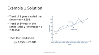 Example 1 Solution
• Trend of 1 year is called the
slope = m = 3.656
• Trend of 1st year in the
series is the y –intercept = c
= 25.008
• Then the trend line is
y= 3.656x + 25.008
Venkata Sai Krishna M
 