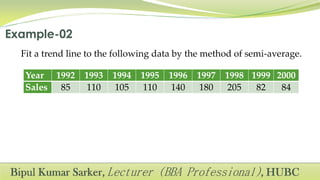 Fit a trend line to the following data by the method of semi-average.
Year 1992 1993 1994 1995 1996 1997 1998 1999 2000
Sales 85 110 105 110 140 180 205 82 84
 