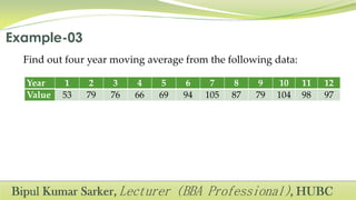 Find out four year moving average from the following data:
Year 1 2 3 4 5 6 7 8 9 10 11 12
Value 53 79 76 66 69 94 105 87 79 104 98 97
 