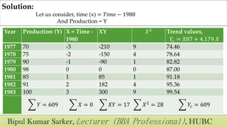Solution:
Let us consider, time (x) = 𝑇𝑖𝑚𝑒 − 1980
And Production = Y
Year Production (Y) X = Time -
1980
XY 𝑋2
Trend values,
𝑌𝑐 = 𝑋87 + 4.179 𝑋
1977 70 -3 -210 9 74.46
1978 75 -2 -150 4 78.64
1979 90 -1 -90 1 82.82
1980 98 0 0 0 87.00
1981 85 1 85 1 91.18
1982 91 2 182 4 95.36
1983 100 3 300 9 99.54
𝑌 = 609 𝑋 = 0 𝑋𝑌 = 17 𝑋2
= 28 𝑌𝑐 = 609
 