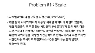 Problem #1 : Scale
• 시계열데이터의 불규칙한 시간간격(Time Scale)
• 예를 들어 서버의 에너지 사용량 시계열 데이터의 패턴이 있을때,
해당 패턴들이 모두 동일한 시간간격내에 존재하지 않고 서로 다른
시간간격내에 존재하기 때문에, 패턴을 인식하기 위해서는 동일한
패턴의 데이터들을 적정한 시간간격으로 변화시키거나 혹은 이러한
시간간격을 무시하고 특징(Feature)를 찾아내는 등의 방법이
필요하게 된다.
 
