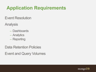 Application Requirements
Event Resolution
Analysis
– Dashboards
– Analytics
– Reporting
Data Retention Policies
Event and Query Volumes
 