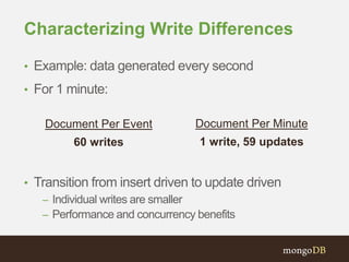 Characterizing Write Differences
• Example: data generated every second
• For 1 minute:
• Transition from insert driven to update driven
– Individual writes are smaller
– Performance and concurrency benefits
Document Per Event
60 writes
Document Per Minute
1 write, 59 updates
 