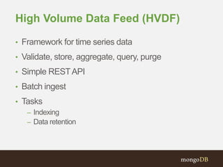High Volume Data Feed (HVDF)
• Framework for time series data
• Validate, store, aggregate, query, purge
• Simple RESTAPI
• Batch ingest
• Tasks
– Indexing
– Data retention
 