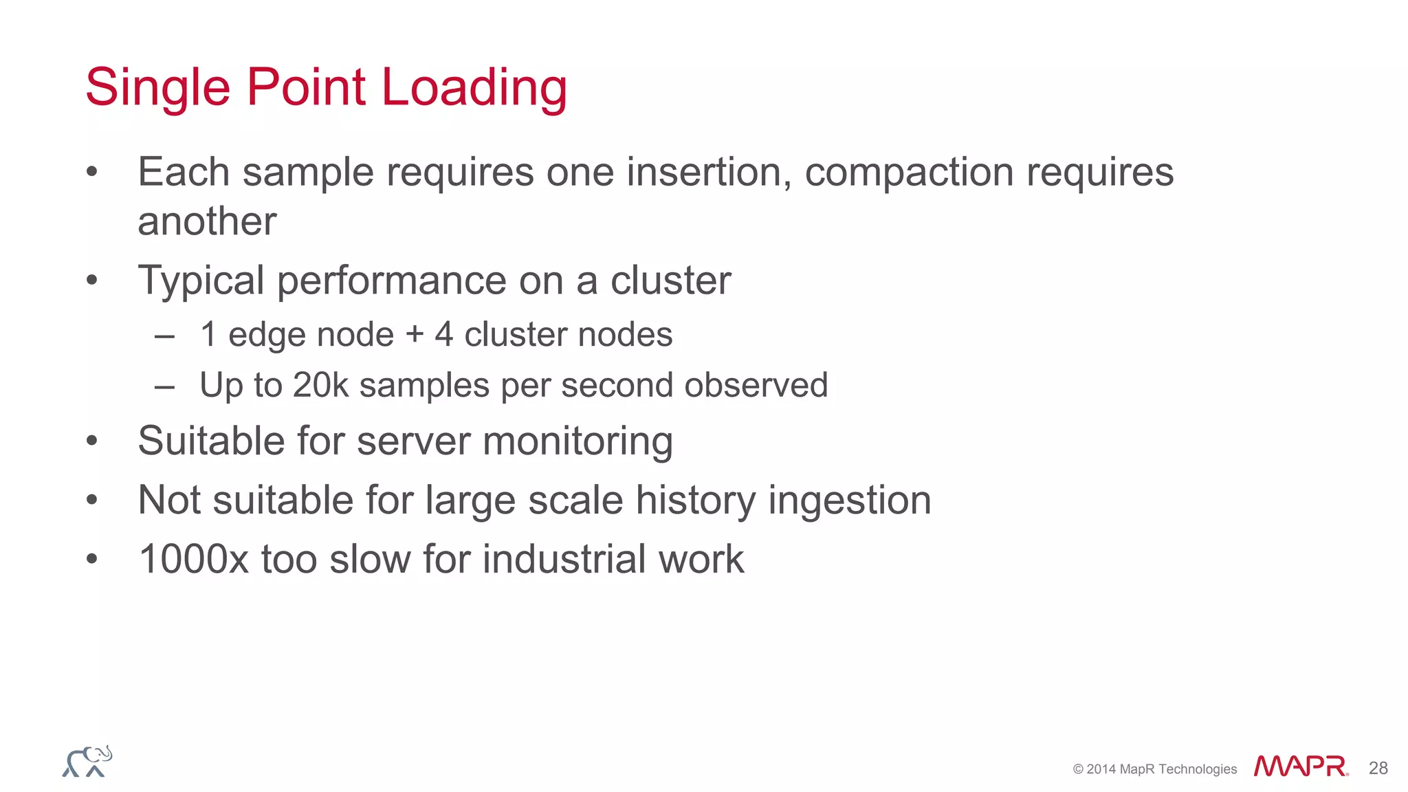 © 2014 MapR Technologies 28 
Single Point Loading 
• Each sample requires one insertion, compaction requires 
another 
• Typical performance on a cluster 
– 1 edge node + 4 cluster nodes 
– Up to 20k samples per second observed 
• Suitable for server monitoring 
• Not suitable for large scale history ingestion 
• 1000x too slow for industrial work 
 