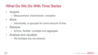 © 2014 MapR Technologies 14 
What Do We Do With Time Series 
• Acquire 
– Measurement, transmission, reception 
• Store 
– Individually, or grouped for some amount of time 
• Retrieve 
– Ad hoc, flexible, correlate and aggregate 
• Analyze and visualize 
– We facilitate this via retrieval 
 