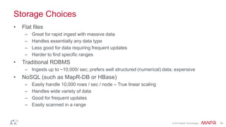 © 2014 MapR Technologies 16 
Storage Choices 
• Flat files 
– Great for rapid ingest with massive data 
– Handles essentially any data type 
– Less good for data requiring frequent updates 
– Harder to find specific ranges 
• Traditional RDBMS 
– Ingests up to ~10,000/ sec; prefers well structured (numerical) data; expensive 
• NoSQL (such as MapR-DB or HBase) 
– Easily handle 10,000 rows / sec / node – True linear scaling 
– Handles wide variety of data 
– Good for frequent updates 
– Easily scanned in a range 
 
