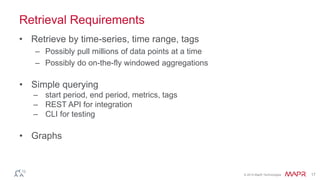 © 2014 MapR Technologies 17 
Retrieval Requirements 
• Retrieve by time-series, time range, tags 
– Possibly pull millions of data points at a time 
– Possibly do on-the-fly windowed aggregations 
• Simple querying 
– start period, end period, metrics, tags 
– REST API for integration 
– CLI for testing 
• Graphs 
 