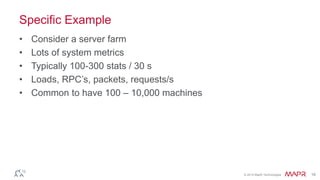 © 2014 MapR Technologies 18 
Specific Example 
• Consider a server farm 
• Lots of system metrics 
• Typically 100-300 stats / 30 s 
• Loads, RPC’s, packets, requests/s 
• Common to have 100 – 10,000 machines 
 
