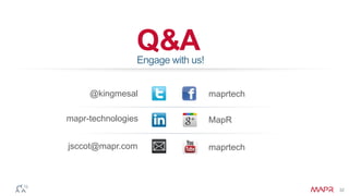 © 2014 MapR Technologies 32 
Q & A 
Engage with us! 
@kingmesal maprtech 
jsccot@mapr.com 
MapR 
maprtech 
mapr-technologies 
