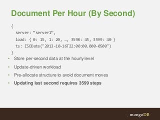 Document Per Hour (By Second)
{

server: “server1”,
load: { 0: 15, 1: 20, …, 3598: 45, 3599: 40 }
ts: ISODate("2013-10-16T22:00:00.000-0500")
}
• Store per-second data at the hourly level
• Update-driven workload
• Pre-allocate structure to avoid document moves
• Updating last second requires 3599 steps

 