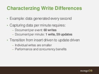 Characterzing Write Differences
• Example: data generated every second
• Capturing data per minute requires:
– Document per event: 60 writes
– Document per minute: 1 write, 59 updates
• Transition from insert driven to update driven
– Individual writes are smaller
– Performance and concurrency benefits

 