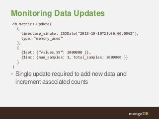 Monitoring Data Updates
db.metrics.update(
{
timestamp_minute: ISODate("2013-10-10T23:06:00.000Z"),
type: “memory_used”
},
{
{$set: {“values.59”: 2000000 }},
{$inc: {num_samples: 1, total_samples: 2000000 }}
}
)

• Single update required to add new data and

increment associated counts

 