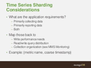 Time Series Sharding
Considerations
• What are the application requirements?
– Primarily collecting data
– Primarily reporting data
– Both
• Map those back to
– Write performance needs
– Read/write query distribution
– Collection organization (see MMS Monitoring)
• Example: {metric name, coarse timestamp}

 
