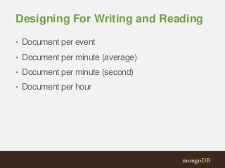 Designing For Writing and Reading
• Document per event
• Document per minute (average)
• Document per minute (second)

• Document per hour

 