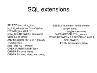 SQL extensions
SELECT item, slice_time,
ts_first_value(price, 'const') price
FROM ts_test WHERE
price_time BETWEEN timestamp
'2015-04-14 09:00'
AND timestamp '2015-04-14 09:25'
TIMESERIES
slice_time AS '1 minute'
OVER (PARTITION BY item
ORDER BY price_time)
ORDER BY item, slice_time, price;
SELECT id_sensor, name_sensor,
temperature,
avg(temperature)
OVER (ORDER BY id_sensor
ROWS BETWEEN 1 PRECEDING AND 1
FOLLOWING)
FROM temperature_table;
 