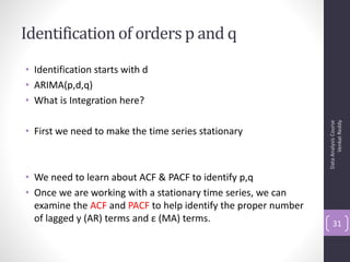 Identification of orders p and q
• Identification starts with d
• ARIMA(p,d,q)
• What is Integration here?




                                                                      Venkat Reddy
                                                                Data Analysis Course
• First we need to make the time series stationary



• We need to learn about ACF & PACF to identify p,q
• Once we are working with a stationary time series, we can
  examine the ACF and PACF to help identify the proper number
  of lagged y (AR) terms and ε (MA) terms.                          31
 