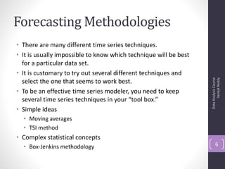 Forecasting Methodologies
• There are many different time series techniques.
• It is usually impossible to know which technique will be best
  for a particular data set.
• It is customary to try out several different techniques and




                                                                        Venkat Reddy
                                                                  Data Analysis Course
  select the one that seems to work best.
• To be an effective time series modeler, you need to keep
  several time series techniques in your “tool box.”
• Simple ideas
  • Moving averages
  • TSI method
• Complex statistical concepts
  • Box-Jenkins methodology                                              6
 