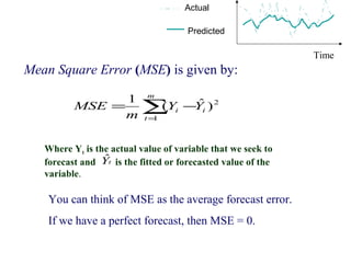 Actual
Predicted

Time

Mean Square Error (MSE) is given by:
1
MSE =
m

m

(Yi − ˆi ) 2
∑ Y
t=
1

Where Yt is the actual value of variable that we seek to
ˆ
forecast and Yt is the fitted or forecasted value of the
variable.

You can think of MSE as the average forecast error.
If we have a perfect forecast, then MSE = 0.

 