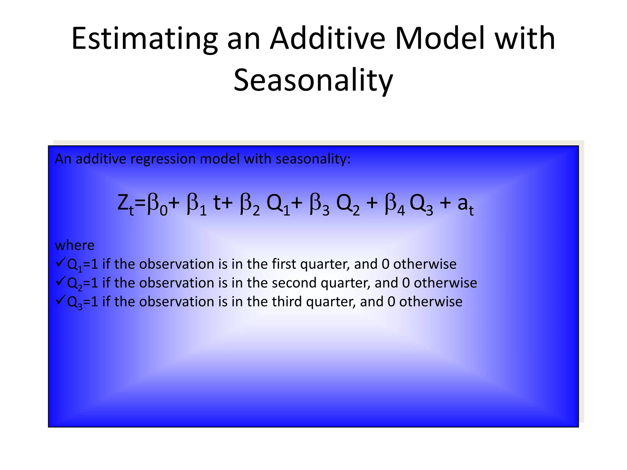 An additive regression model with seasonality:
Zt=0+ 1 t+ 2 Q1+ 3 Q2 + 4 Q3 + at
where
Q1=1 if the observation is in the first quarter, and 0 otherwise
Q2=1 if the observation is in the second quarter, and 0 otherwise
Q3=1 if the observation is in the third quarter, and 0 otherwise
Estimating an Additive Model with
Seasonality
 