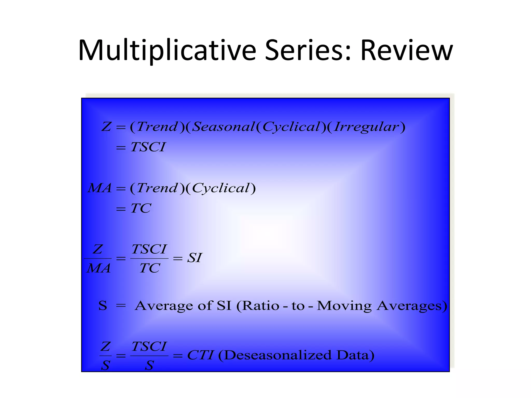 Z Trend Seasonal Cyclical Irregular
TSCI
MA Trend Cyclical
TC
Z
MA
TSCI
TC
SI
Z
S
TSCI
S
CTI




 
 
( )( ( )( )
( )( )
S = Average of SI (Ratio - to - Moving Averages)
(Deseasonalized Data)
Multiplicative Series: Review
 