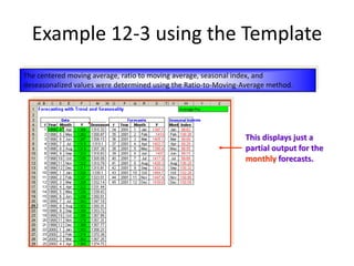 The centered moving average, ratio to moving average, seasonal index, and
deseasonalized values were determined using the Ratio-to-Moving-Average method.
Example 12-3 using the Template
This displays just a
partial output for the
monthly forecasts.
 