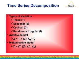 Time Series Decomposition
•

•
•

Slide 10

Types of Variation
Trend (T)
Seasonal (S)
Cyclical (C)
Random or Irregular (I)
Additive Model
Zt = Tt + St + Ct + It
Multiplicative Model
Zt = (Tt )(St )(Ct )(It)

Time Series, Forecasting, and Index Numbers By Shakeel Nouman M.Phil Statistics Govt. College University Lahore, Statistical Officer

 