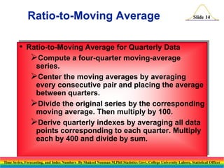 Ratio-to-Moving Average
•

Slide 14

Ratio-to-Moving Average for Quarterly Data
Compute a four-quarter moving-average
series.
Center the moving averages by averaging
every consecutive pair and placing the average
between quarters.
Divide the original series by the corresponding
moving average. Then multiply by 100.
Derive quarterly indexes by averaging all data
points corresponding to each quarter. Multiply
each by 400 and divide by sum.

Time Series, Forecasting, and Index Numbers By Shakeel Nouman M.Phil Statistics Govt. College University Lahore, Statistical Officer

 