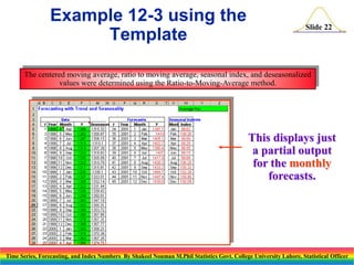 Example 12-3 using the
Template

Slide 22

The centered moving average, ratio to moving average, seasonal index, and deseasonalized
values were determined using the Ratio-to-Moving-Average method.

This displays just
a partial output
for the monthly
forecasts.

Time Series, Forecasting, and Index Numbers By Shakeel Nouman M.Phil Statistics Govt. College University Lahore, Statistical Officer

 