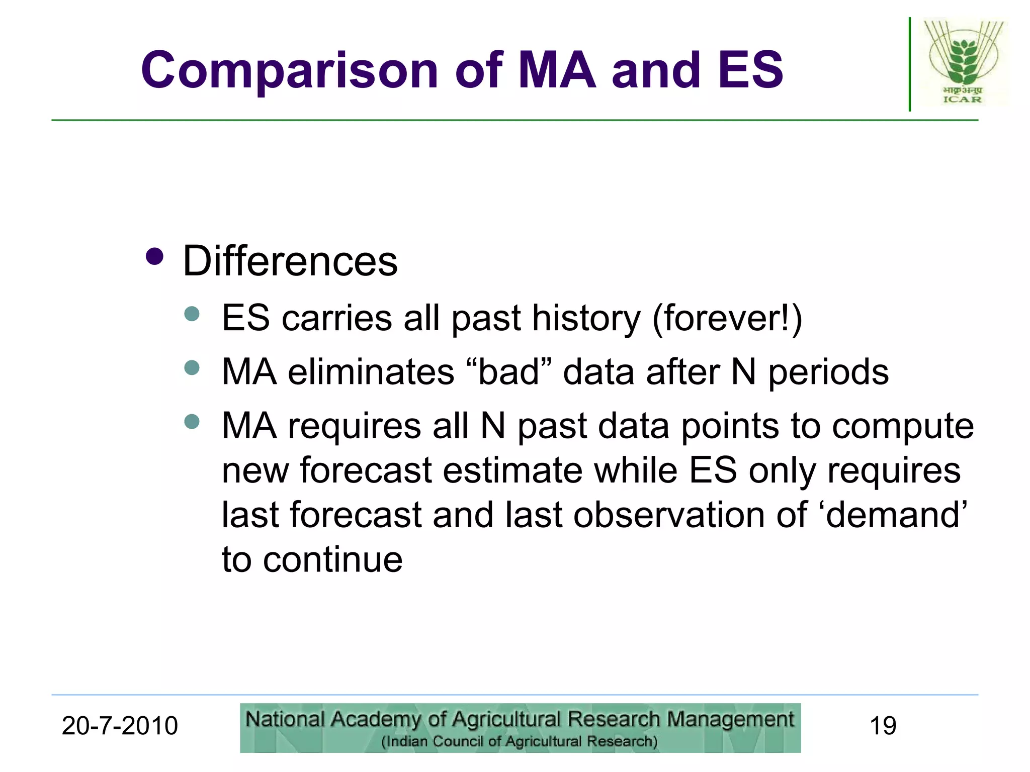 20-7-2010 19
Comparison of MA and ES
 Differences
 ES carries all past history (forever!)
 MA eliminates “bad” data after N periods
 MA requires all N past data points to compute
new forecast estimate while ES only requires
last forecast and last observation of ‘demand’
to continue
 