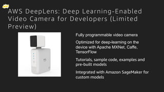 © 2017, Amazon Web Services, Inc. or its Affiliates. All rights reserved.
AWS DeepLens: Deep Learning-Enabled
Video Camera for Developers (Limited
Preview)
Fully programmable video camera
Optimized for deep-learning on the
device with Apache MXNet, Caffe,
TensorFlow
Tutorials, sample code, examples and
pre-built models
Integrated with Amazon SageMaker for
custom models
 
