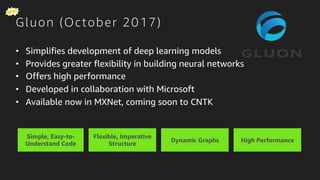 © 2017, Amazon Web Services, Inc. or its Affiliates. All rights reserved.
Gluon (October 2017)
•  Simplifies development of deep learning models
•  Provides greater flexibility in building neural networks
•  Offers high performance
•  Developed in collaboration with Microsoft
•  Available now in MXNet, coming soon to CNTK
Simple, Easy-to-
Understand Code
Flexible, Imperative
Structure
Dynamic Graphs High Performance
 