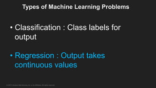 © 2017, Amazon Web Services, Inc. or its Affiliates. All rights reserved.
• Classification : Class labels for
output
• Regression : Output takes
continuous values
Types of Machine Learning Problems
 