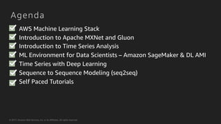 © 2017, Amazon Web Services, Inc. or its Affiliates. All rights reserved.
Agenda
AWS Machine Learning Stack
Introduction to Apache MXNet and Gluon
Introduction to Time Series Analysis
ML Environment for Data Scientists – Amazon SageMaker & DL AMI
Time Series with Deep Learning
Sequence to Sequence Modeling (seq2seq)
Self Paced Tutorials
 