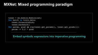 Embed symbolic expressions into imperative programming
texec = mx.module.Module(net)
for batch in train_data:
texec.forward(batch)
texec.backward()
for param, grad in zip(texec.get_params(), texec.get_grads()):
param -= 0.2 * grad
MXNet: Mixed programming paradigm
 