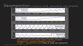 © 2017, Amazon Web Services, Inc. or its Affiliates. All rights reserved.
Decomposition: v i s u a l i z e t r e n d , s e a s o n a l i t y a n d r e s i d u a l s
from statsmodels.tsa.seasonal import seasonal_decompose
decomposition = seasonal_decompose(timeseries)
residual = decomposition.resid #free of trend and seasonality
 
