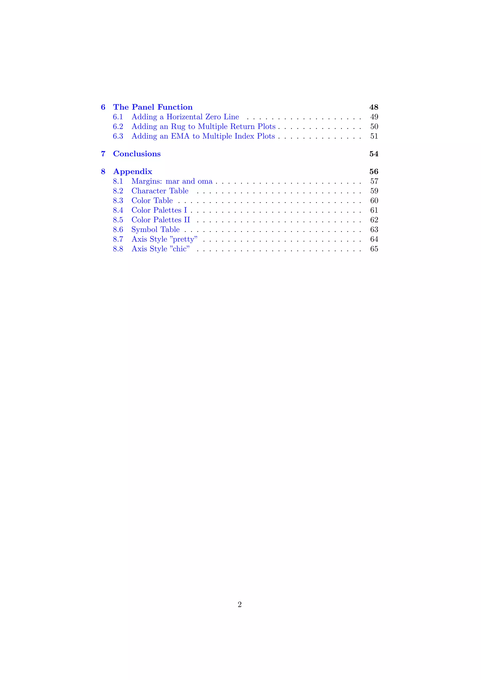 6 The Panel Function 48
6.1 Adding a Horizental Zero Line . . . . . . . . . . . . . . . . . . . 49
6.2 Adding an Rug to Multiple Return Plots . . . . . . . . . . . . . . 50
6.3 Adding an EMA to Multiple Index Plots . . . . . . . . . . . . . . 51
7 Conclusions 54
8 Appendix 56
8.1 Margins: mar and oma . . . . . . . . . . . . . . . . . . . . . . . . 57
8.2 Character Table . . . . . . . . . . . . . . . . . . . . . . . . . . . 59
8.3 Color Table . . . . . . . . . . . . . . . . . . . . . . . . . . . . . . 60
8.4 Color Palettes I . . . . . . . . . . . . . . . . . . . . . . . . . . . . 61
8.5 Color Palettes II . . . . . . . . . . . . . . . . . . . . . . . . . . . 62
8.6 Symbol Table . . . . . . . . . . . . . . . . . . . . . . . . . . . . . 63
8.7 Axis Style ”pretty” . . . . . . . . . . . . . . . . . . . . . . . . . . 64
8.8 Axis Style ”chic” . . . . . . . . . . . . . . . . . . . . . . . . . . . 65
2
 