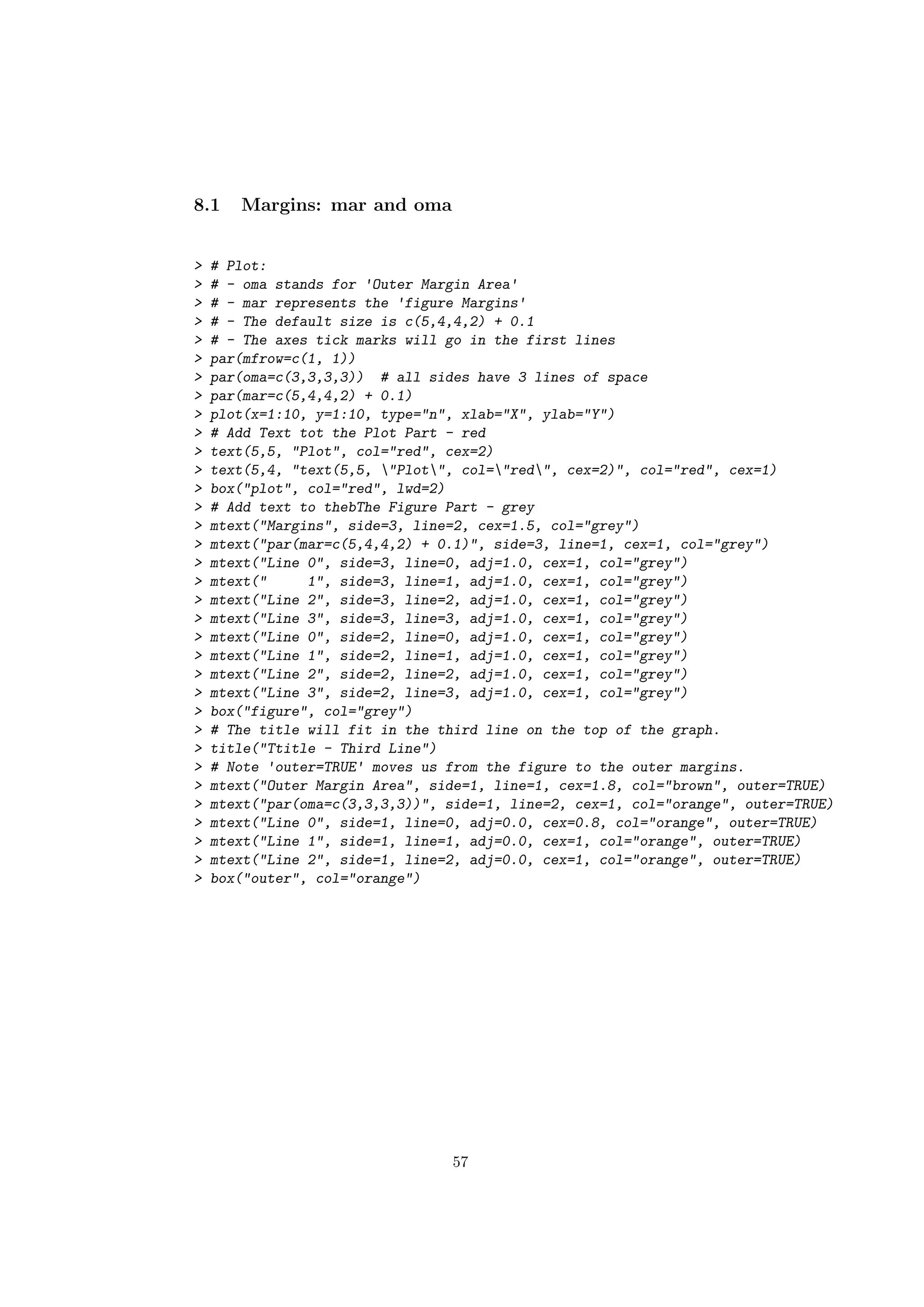 8.1 Margins: mar and oma
> # Plot:
> # - oma stands for 'Outer Margin Area'
> # - mar represents the 'figure Margins'
> # - The default size is c(5,4,4,2) + 0.1
> # - The axes tick marks will go in the first lines
> par(mfrow=c(1, 1))
> par(oma=c(3,3,3,3)) # all sides have 3 lines of space
> par(mar=c(5,4,4,2) + 0.1)
> plot(x=1:10, y=1:10, type="n", xlab="X", ylab="Y")
> # Add Text tot the Plot Part - red
> text(5,5, "Plot", col="red", cex=2)
> text(5,4, "text(5,5, "Plot", col="red", cex=2)", col="red", cex=1)
> box("plot", col="red", lwd=2)
> # Add text to thebThe Figure Part - grey
> mtext("Margins", side=3, line=2, cex=1.5, col="grey")
> mtext("par(mar=c(5,4,4,2) + 0.1)", side=3, line=1, cex=1, col="grey")
> mtext("Line 0", side=3, line=0, adj=1.0, cex=1, col="grey")
> mtext(" 1", side=3, line=1, adj=1.0, cex=1, col="grey")
> mtext("Line 2", side=3, line=2, adj=1.0, cex=1, col="grey")
> mtext("Line 3", side=3, line=3, adj=1.0, cex=1, col="grey")
> mtext("Line 0", side=2, line=0, adj=1.0, cex=1, col="grey")
> mtext("Line 1", side=2, line=1, adj=1.0, cex=1, col="grey")
> mtext("Line 2", side=2, line=2, adj=1.0, cex=1, col="grey")
> mtext("Line 3", side=2, line=3, adj=1.0, cex=1, col="grey")
> box("figure", col="grey")
> # The title will fit in the third line on the top of the graph.
> title("Ttitle - Third Line")
> # Note 'outer=TRUE' moves us from the figure to the outer margins.
> mtext("Outer Margin Area", side=1, line=1, cex=1.8, col="brown", outer=TRUE)
> mtext("par(oma=c(3,3,3,3))", side=1, line=2, cex=1, col="orange", outer=TRUE)
> mtext("Line 0", side=1, line=0, adj=0.0, cex=0.8, col="orange", outer=TRUE)
> mtext("Line 1", side=1, line=1, adj=0.0, cex=1, col="orange", outer=TRUE)
> mtext("Line 2", side=1, line=2, adj=0.0, cex=1, col="orange", outer=TRUE)
> box("outer", col="orange")
57
 