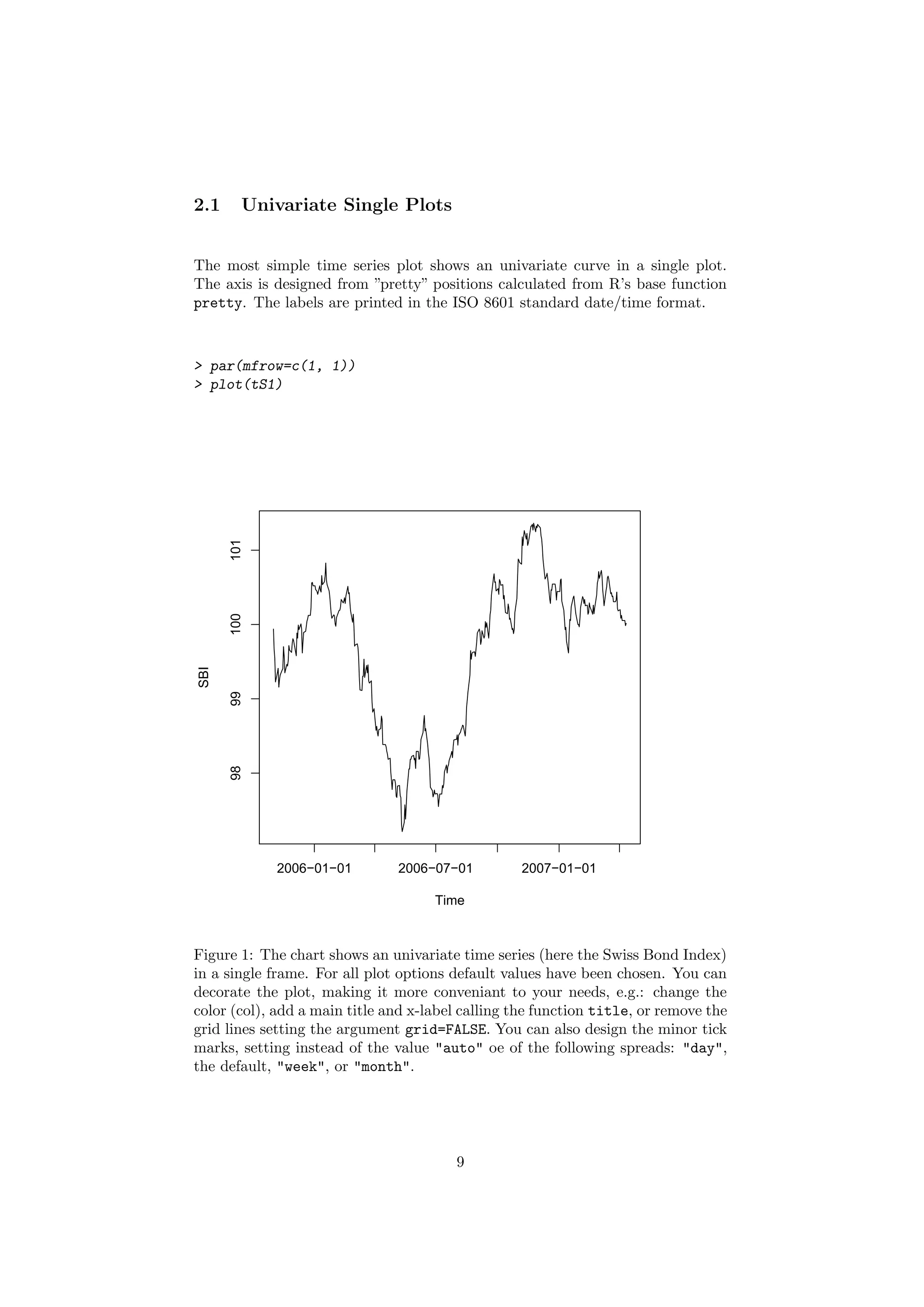 2.1 Univariate Single Plots
The most simple time series plot shows an univariate curve in a single plot.
The axis is designed from ”pretty” positions calculated from R’s base function
pretty. The labels are printed in the ISO 8601 standard date/time format.
> par(mfrow=c(1, 1))
> plot(tS1)
Time
SBI
2006−01−01 2006−07−01 2007−01−01
9899100101
Figure 1: The chart shows an univariate time series (here the Swiss Bond Index)
in a single frame. For all plot options default values have been chosen. You can
decorate the plot, making it more conveniant to your needs, e.g.: change the
color (col), add a main title and x-label calling the function title, or remove the
grid lines setting the argument grid=FALSE. You can also design the minor tick
marks, setting instead of the value "auto" oe of the following spreads: "day",
the default, "week", or "month".
9
 