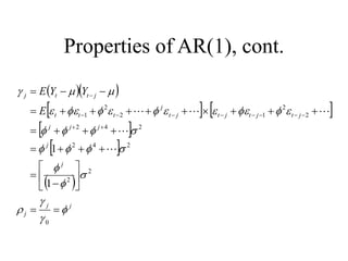Properties of AR(1), cont.
  
   
 
 
 
j
j
j
j
j
j
j
j
j
t
j
t
j
t
j
t
j
t
t
t
j
t
t
j
E
Y
Y
E






































































0
2
2
2
4
2
2
4
2
2
2
1
2
2
1
1
1 




 