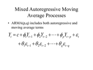 Mixed Autoregressive Moving
Average Processes
• ARMA(p,q) includes both autoregressive and
moving average terms
q
t
q
t
t
t
p
t
p
t
t
t Y
Y
Y
c
Y




























2
2
1
1
2
2
1
1
 
